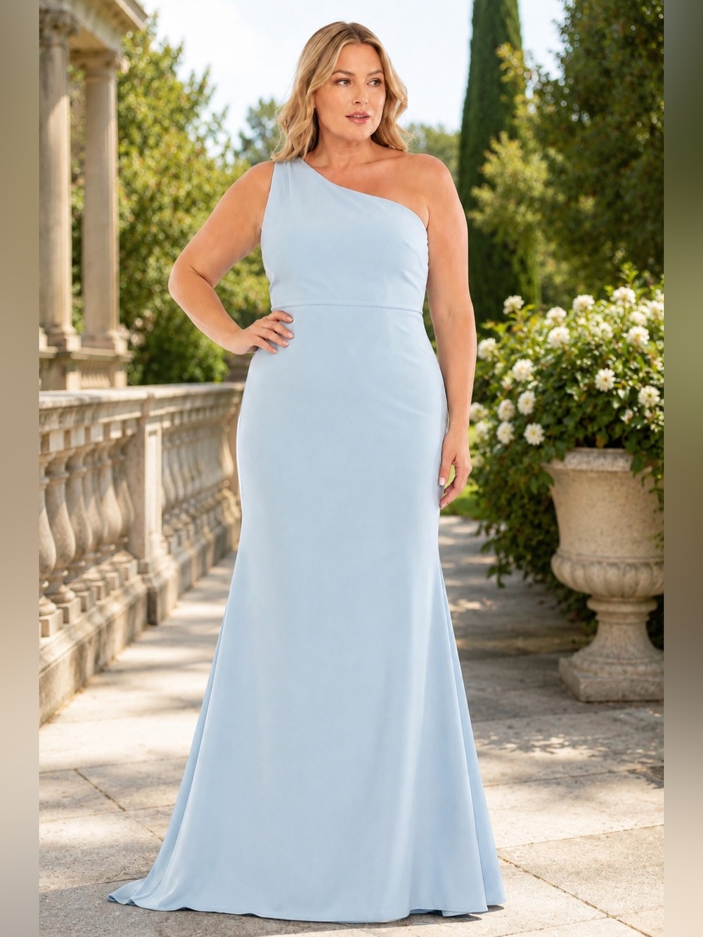 Mac Duggal 26266 One Shoulder Crepe Mermaid Gown Powder Blue Size 12 NWT